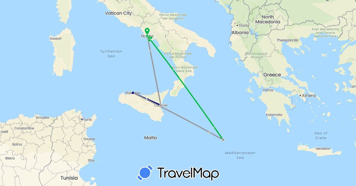TravelMap itinerary: driving, bus, plane in Italy (Europe)